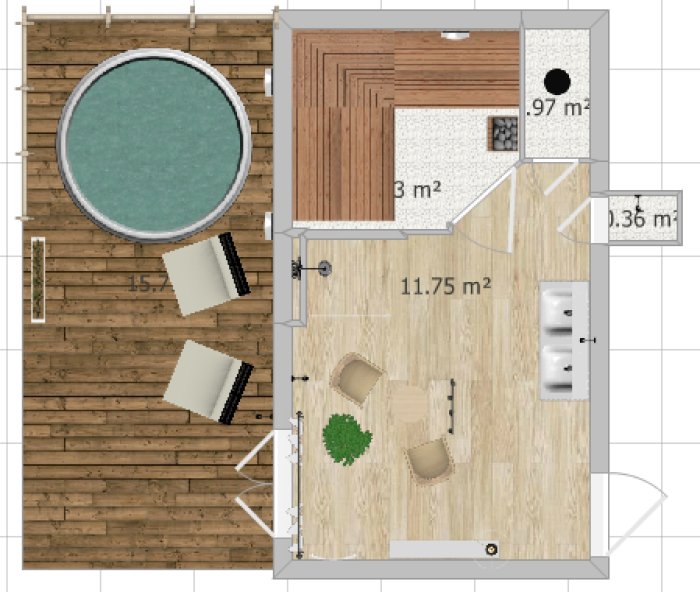 Ritning över en planerad badrumsrenovering med områden för bastu, dusch, och avkopplingsyta.