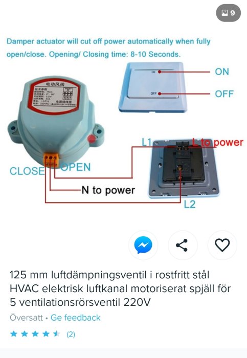 Elektriskt aktuator för ventilationsstyrning med kopplingsschema och beskrivning på vit bakgrund.