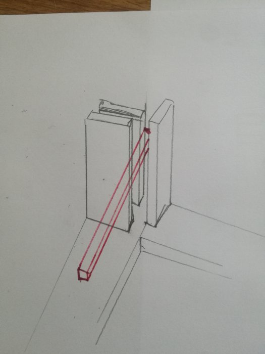 Handritad skiss av en konstruktionsdetalj för ytterhörn med reglar och isolering markerade i rött.