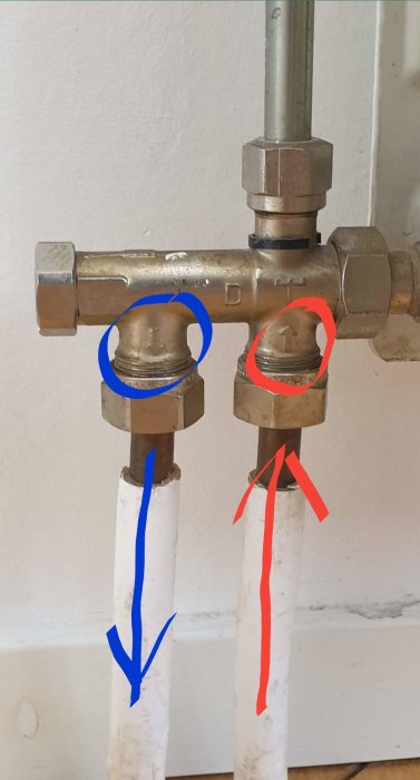 Två vattenventiler med markerade pilar som visar flödesriktning för felanalys.