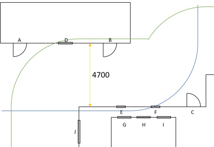 Skiss över byggprojekt med mått och avstånd markerade för omvandling av carport till förråd enligt EI30 brandskyddskrav.