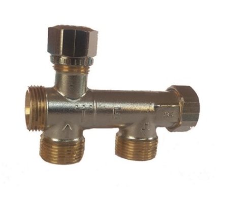 En Danfoss 1-rörskoppel av mässing med modellbeteckningen RSK: 4814941 synlig på sidan.