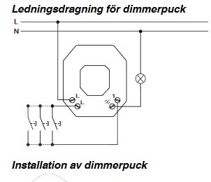 Schematisk ritning av ledningsdragning för installation av en dimmerpuck.