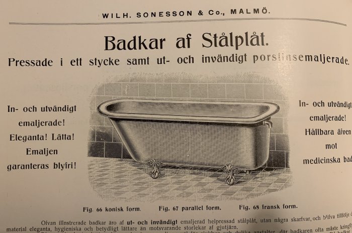 Gammaldags reklam för badkar från Wilh. Sonesson & Co, med tre olika badkarstyper, konisk, parallel och fransk form.