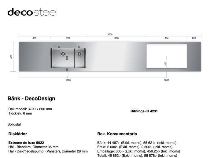 Schematisk ritning av solid rostfri bänkskiva utan skarvar från Decosteel, inklusive mått och prisuppgifter.