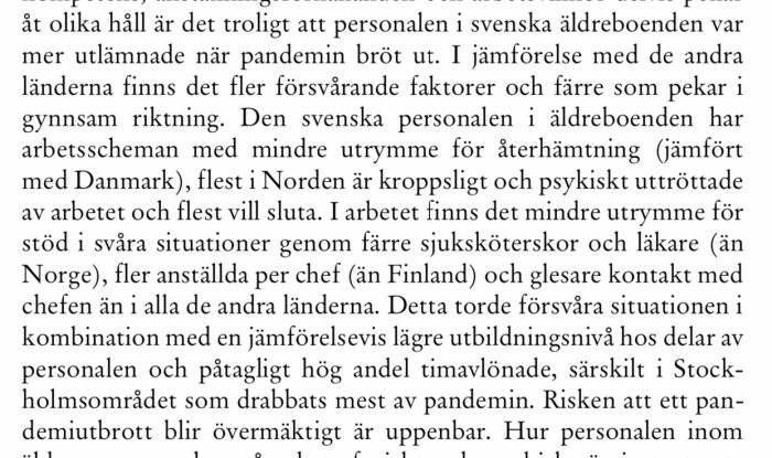 Skärmdump av en text där det diskuteras personalens arbetsförhållanden på svenska äldreboenden under pandemin.