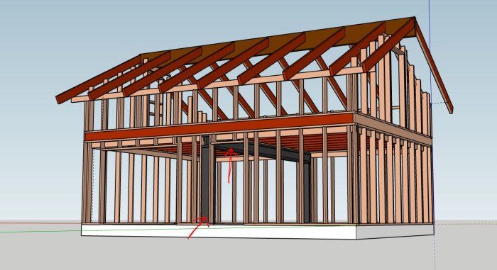 Digital skiss av ett garagebygge med vind, 6x8 meter, med en tydlig trästomme och takstolar på en betongplatta.