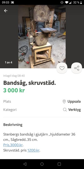 Använd bandsåg i gjutjärn placerad i ett verkstadsutrymme, visande hjul och arbetsbord.