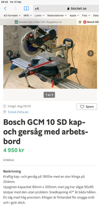 Bosch GCM 10 SD kap- och gersåg med arbetsbord till salu på Blocket.