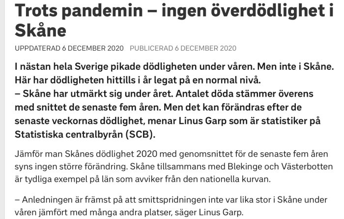 Skärmdump av en artikel om att det inte varit överdödlighet i Skåne under pandemin år 2020.