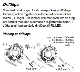 Illustration av instruktioner för driftlägesinställningar på en dimmerpuck med symboler och tidsangivelser för RC och RL-lägen.