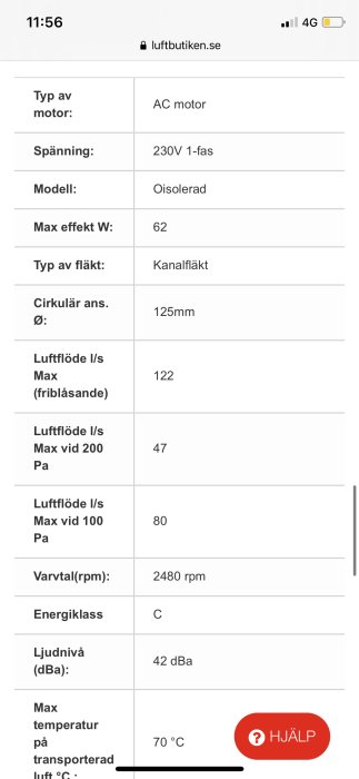 Skärmdump av teknisk specifikation för en AC-motor kanalfläkt från luftbutiken.se.