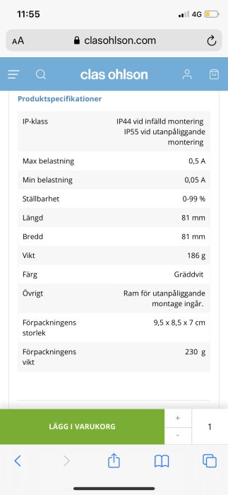 Skärmbild på en produktinformationssida för en elektrisk komponent med specifikationer.