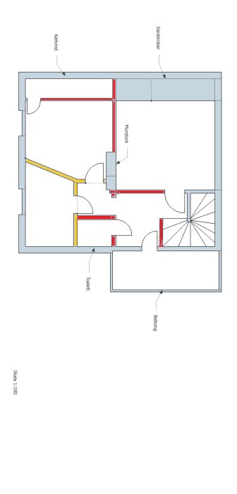 Ritning av övervåningen med röda och gula markerade väggar som indikerar planerade förändringar i hus från 1928.