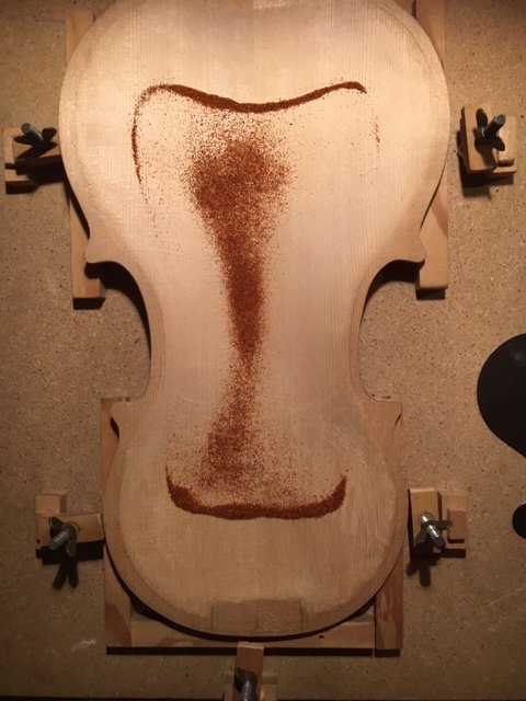 Violinlock i en verkstadsmontering med resonansmönster av siktpulver och utritade positioner för F-hål.