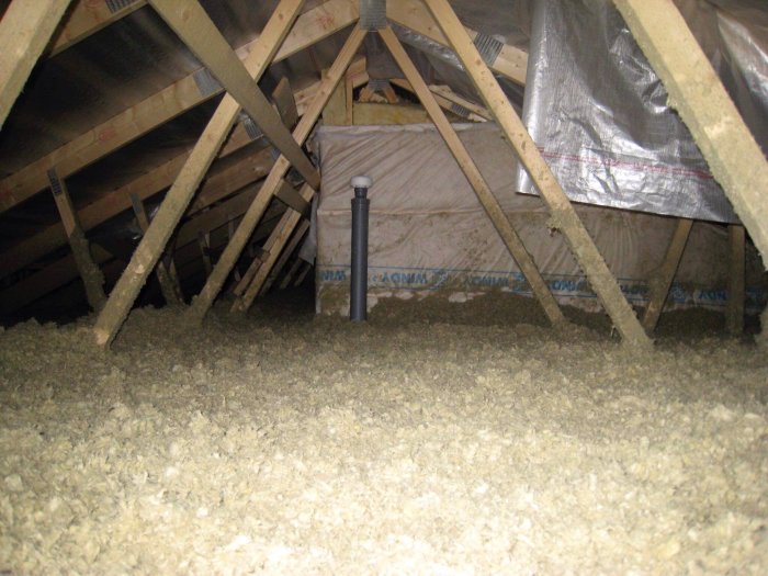 Isolerad vind med takstolar och lösullsisolering i ett oinrett hus från 2008.