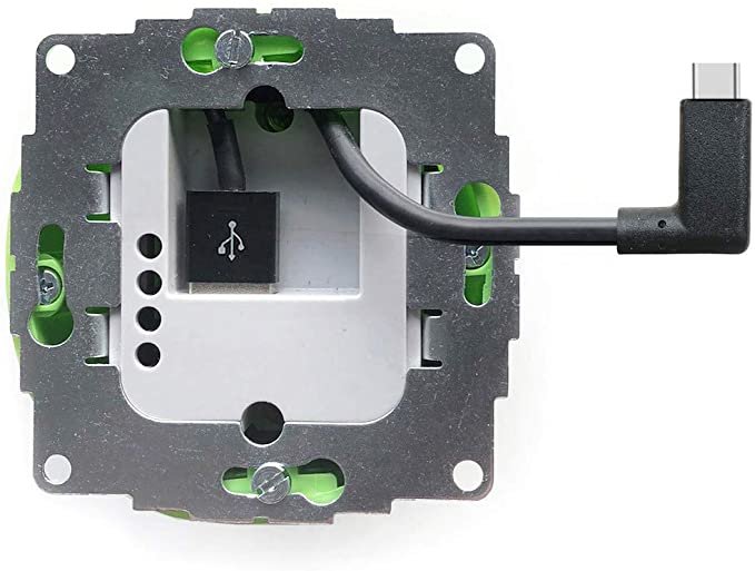 Infälld trafo med USB-kabel och märkning för 5V USB-anslutning, 12 watt kapacitet.