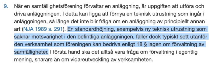 Textutdrag ur juridisk dokumentation med markerade delar om samfällighetsföreningars förvaltning och standardhöjning.