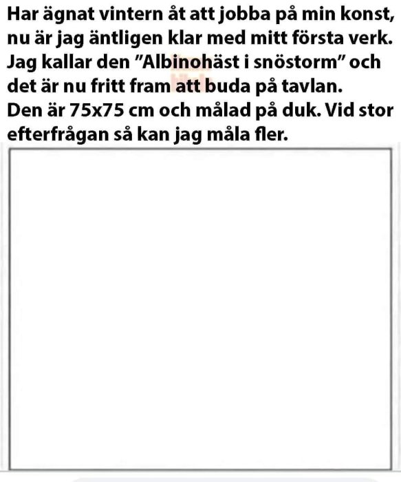 Tom ram utan synligt innehåll med text som beskriver en målning vid namn "Albinohäst i snöstorm".