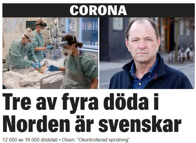 Sjukvårdspersonal vårdar patient på sjukhus, och oroad man, med nyhetstext om corona.