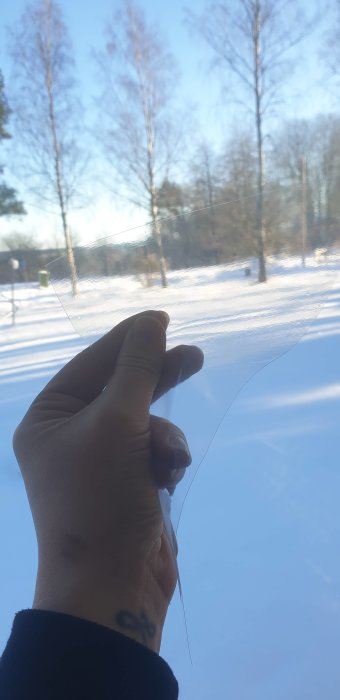 Hand håller upp en tunn och transparent plastfilm mot en snöig och trädbevuxen bakgrund, visande dess struktur och elasticitet.