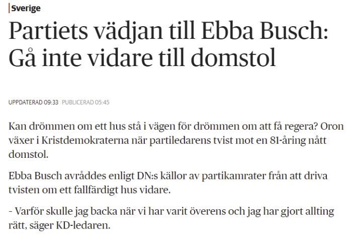 Skärmdump av en nyhetsartikel med rubriken "Partiets vädjan till Ebba Busch: Gå inte vidare till domstol".