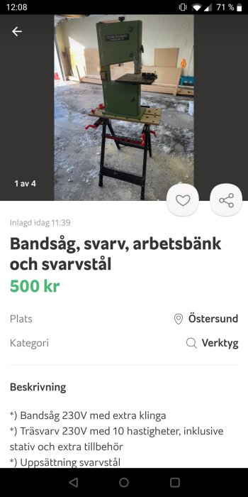 Clas Ohlson båndsag på arbetsbänk i verkstad annonserad för 500 kronor.