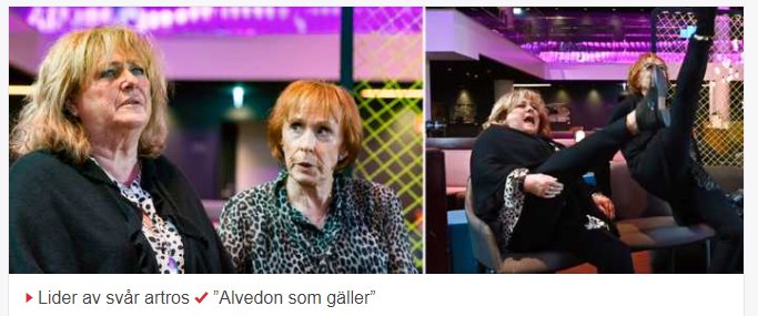 Två bilder: kvinnor med bekymrade ansiktsuttryck; kvinna sträcker ut benet med smärtuttryck.