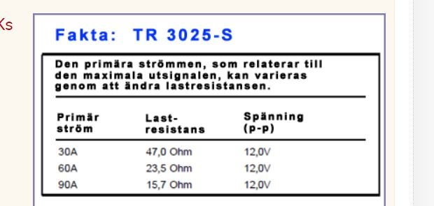 Tekniskt datablad för strömtrafon TR 3025-S med information om primärström, lastresistans och spänning.
