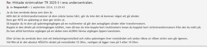 Skärmdump av ett diskussionsinlägg om strömtransformatorer på ett byggforum.