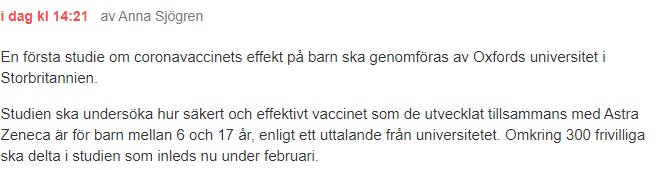 Skärmbild av ett foruminlägg om studie av coronavaccin för barn vid Oxfords universitet.