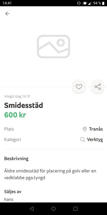 Platshållarbild för en annons med en äldre smidesstäd till salu för 600 kr i kategorin verktyg.