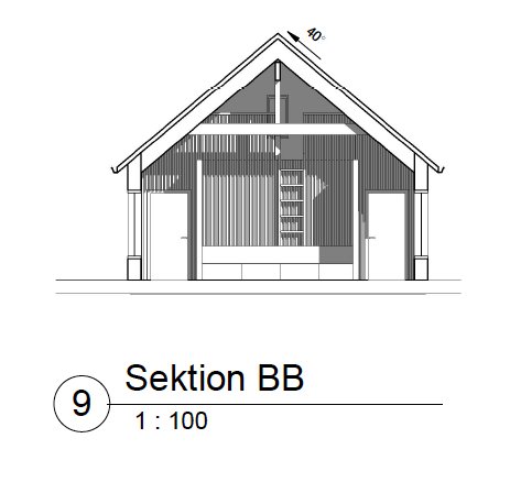 Sektion BB av en fjällstuga under uppbyggnad med temporära väggstöd inuti.