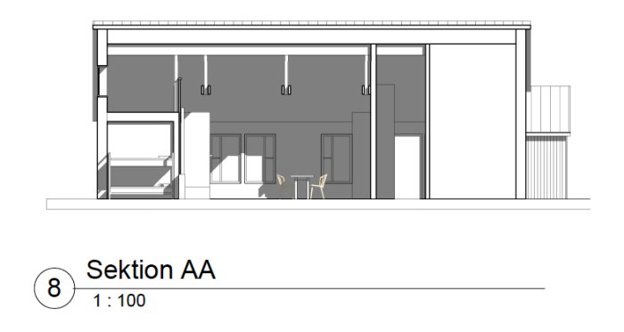 Sektionsritning av ett hus under konstruktion med takstöd och väggelement synliga.