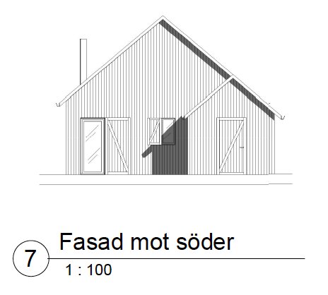 Arkitektonisk ritning av en fjällstugas södra fasad i skala 1:100 med tak och panel.