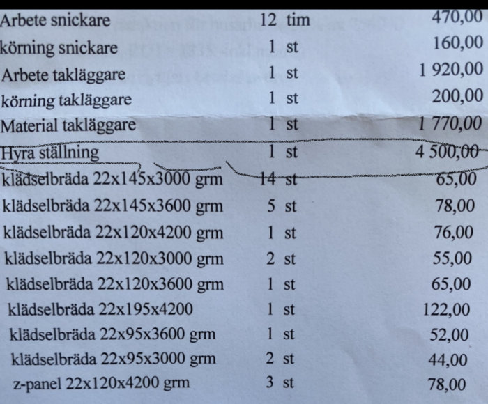 Bild på en offert för byggarbete som visar en post för "Hyra ställning" till en kostnad av 4500 kr, ifrågasatt i forumdiskussion.