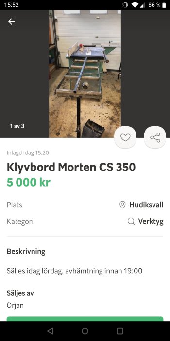 Klyvbord Morten CS 350 till salu i en verkstadsmiljö, prissatt till 5000 kr.