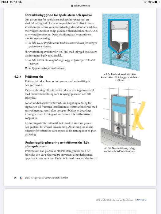 Illustration av inbyggd wc-cistern med gult kryss och skruvinfästning.