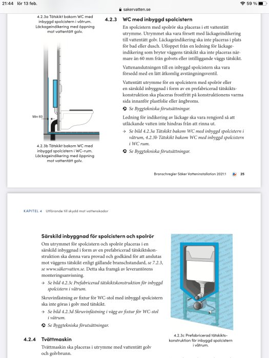 Instruktionsbild för korrekt installation av inbyggd WC-cistern bakom kakelvägg med markerat gult kryss.