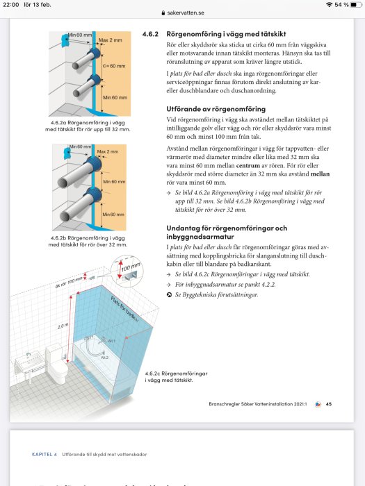 Illustration av rörgenomföring i vägg med måttangivelser för korrekt installation enligt byggregler.