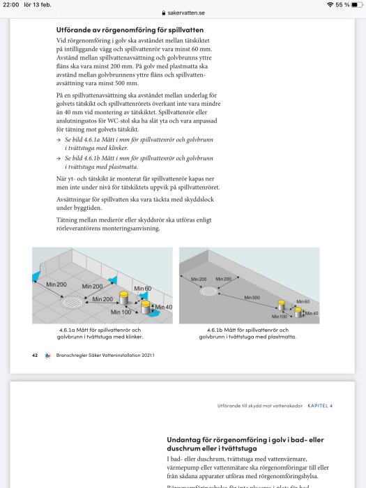 Schematiska illustrationer av röranslutningar för golvbrunn med angivna minimimått i våtutrymmen.