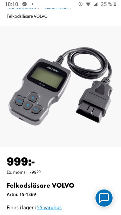 Biltemas felkodsläsare för Volvo med display och kabel.