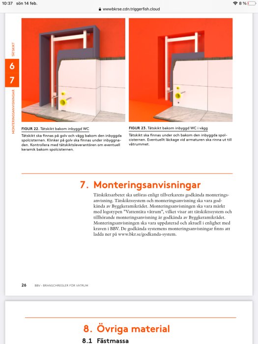 Illustration av tätskikt bakom inbyggd WC, med och utan vägg, och klinker under cisternen.