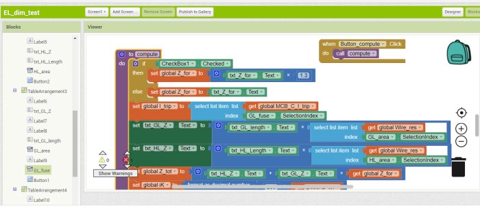 Skärmdump av MIT App Inventor med block-baserad kod för enkel elektrisk dimensioneringsapplikation.