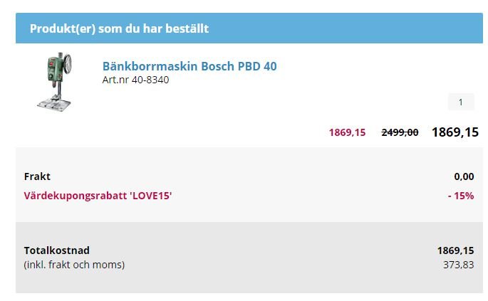 Skärmdump av en onlinebeställning för en Bosch PBD 40 bänkborrmaskin med rabatterat pris och totala kostnaderna.