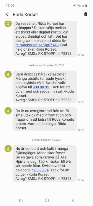 Skärmdump av SMS-konversation med Röda Korset som innehåller donationer och avregistrering från SMS-utskick.