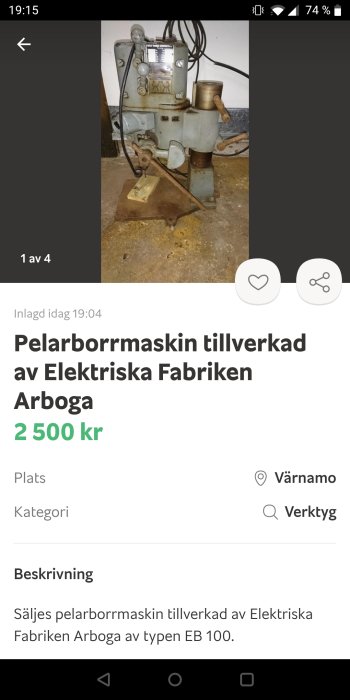 Pelarborrmaskin av typen EB 100 från Elektriska Fabriken Arboga, begagnad, med synliga slitagedelar.