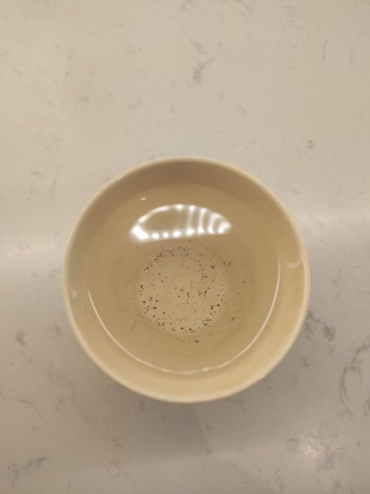 Vatten i en vit kopp med små mörka partiklar samlade i botten, misstänks vara järnavlagringar.
