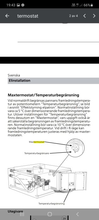 Skärmbild av en manual för maxtermostat och temperaturbegränsning i ett värmesystem.