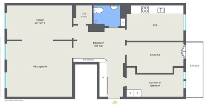 Planritning som visar en lägenhet där matsalen föreslås omvandlas till kök och klädkammare till badrum.